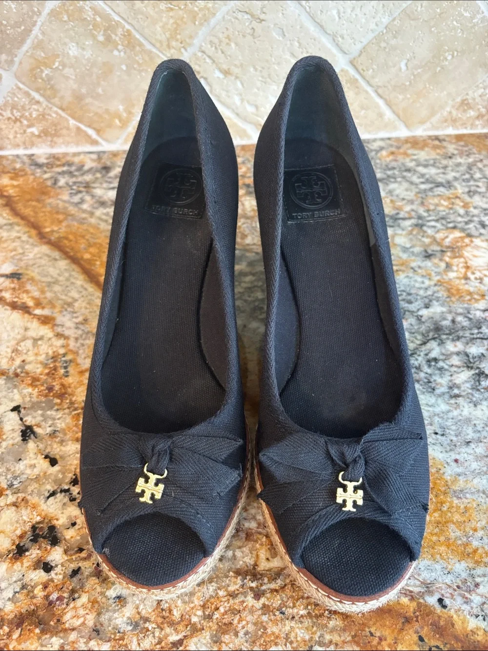 Tory Burch Black Espadrille Wedge Peep-Toe Pumps with Gold Logo